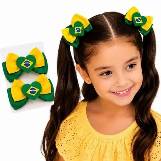 Laço Infantil Brasil✅ Parzinho de Laço Copa do Mundo Laço Verde e Amarelo MeninaAcessório Infantil Brasil