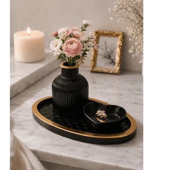 Kit 3 Peças Bandeja Oval + Vaso + Porta Joias Coração em Gesso Decoração Elegante