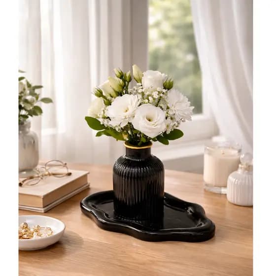 Kit Bandeja Nuvem + Vaso Preto com Borda Dourada Decorativo
