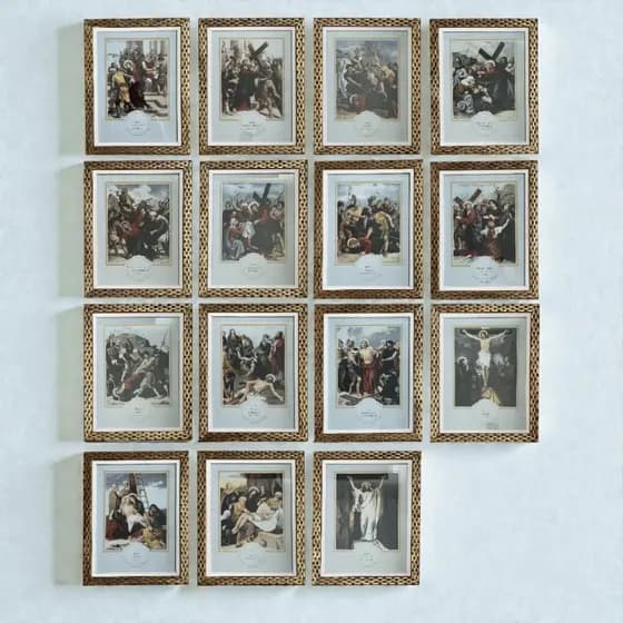 Via Sacra 15 Estações 30x40cm Conjunto de Quadros com Paspatur e Moldura Dourada