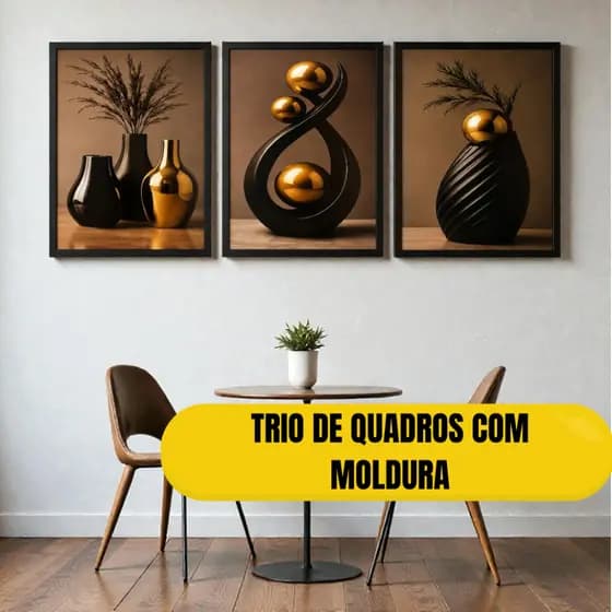 Quadro Decorativo com Moldura Trio Abstrato Geométrico Moderno Decoração Sala e Escritório