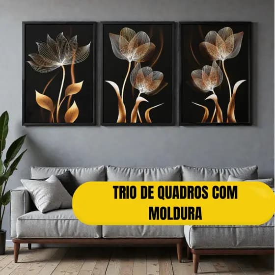 Quadro Decorativo Trio com Moldura Preto com Flor Dourada Moderno Decoração Sala e Escritório