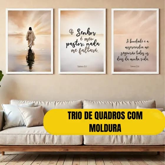 Quadro Decorativo Trio com Moldura Salmos e Jesus Religioso Moderno Decoração Sala e Escritório