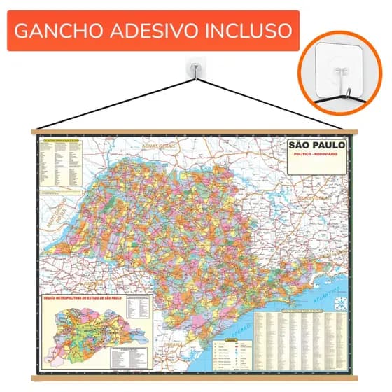 Mapa Estado de São Paulo Banner ED. 2026 + Gancho Autocolante Pronto Para Pendurar- Grande 120x90cm