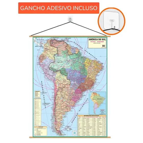 Mapa América do Sul Banner + Gancho Autocolante Pronto Para Pendurar - Grande 120x90cm