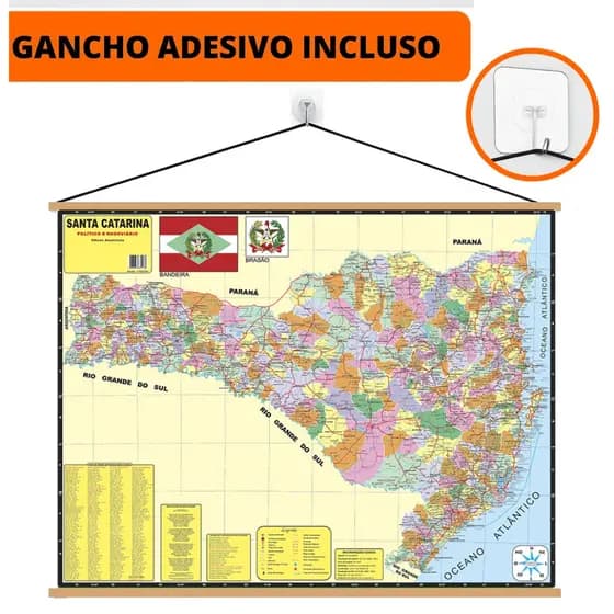 Mapa Santa Catarina Banner + Gancho Autocolante Pronto Para Pendurar - Grande 120x90cm