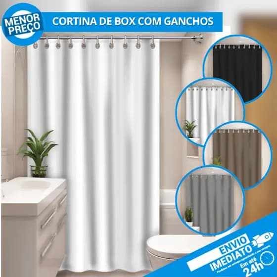 Cortina de Box Vinil Lisa Banheiro Moderna Impermeável Com Ganchos Anti-Mofo - Envio Imediato