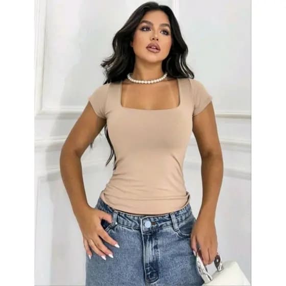Blusa Baby Look Feminina Básica Com Decote Quadrado Manga Curta Moda Casual Versátil Dia a Dia