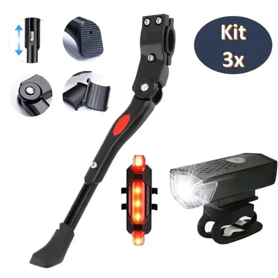 Kit Farol Lanterna 300 Lúmens + Sinalizador Traseiro Recarregável+ Descanso Pezinho Lateral Com Regulagem Bike Bicicleta