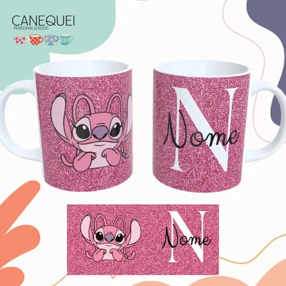Caneca Stitch Rosa Angel Disney Personalizada com Nome • Caneca Fofa Presente Criativo Personalizado