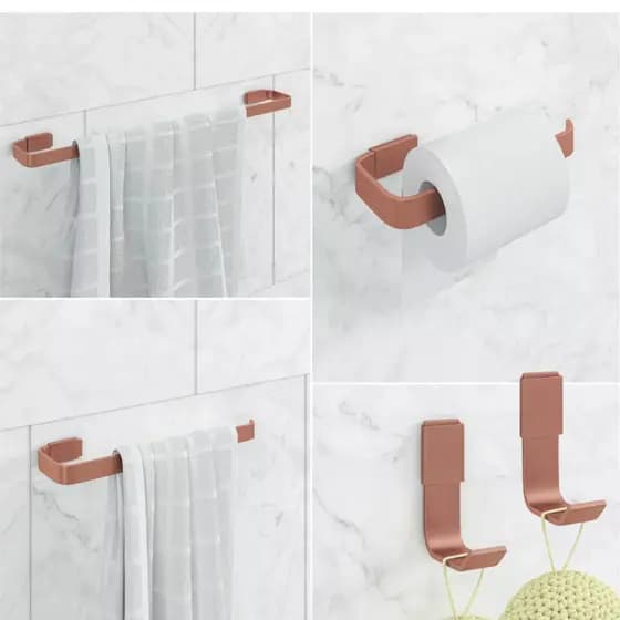 Kit Acessórios Para Banheiro Quadrado 04 Peças + 01 Cabide Rosé