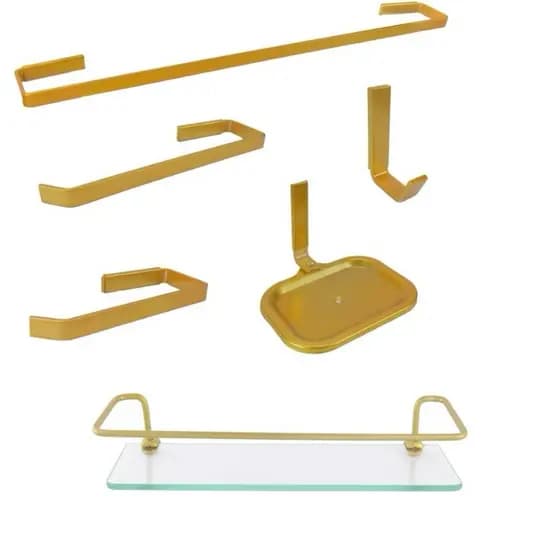 Kit Banheiro 6 Peças Barra Chata Dourado + Porta-Shampoo Reto