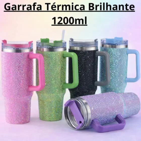 Copo Garrafa Brilhante Strass Glitter Com Alça Tampa e Canudo Termica 1200 ml Aço Inoxidavel