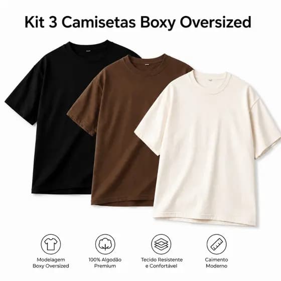Kit 3 Camiseta Boxy Fit Oversized Masculina - Camiseta Curta Moda Americana
