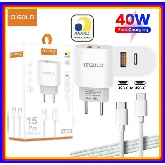 Carregador Turbo 40W com cabo Tipo C para Tipo C Fonte PD 2 Entrada USB e USB C carregamento rápido