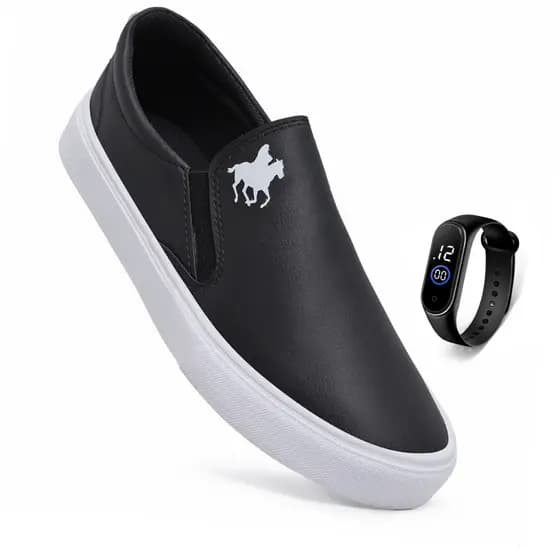 Kit Tênis Sapatênis Polo Casual Slip On Iate Calce Facil Sem Cadarço Leve Conforto + Relógio