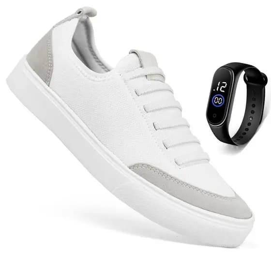 Kit Sapatenis Tenis Branco Casual Sola Reta Cano Baixo Enfermagem Leve Macio Confortável + Relógio