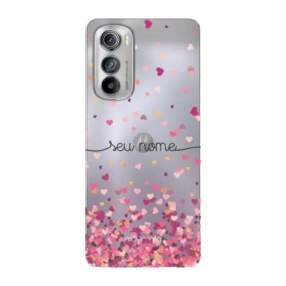 Capinha para Moto Edge 30 Anti Impacto Personalizada - Chuva de corações rosa com nome