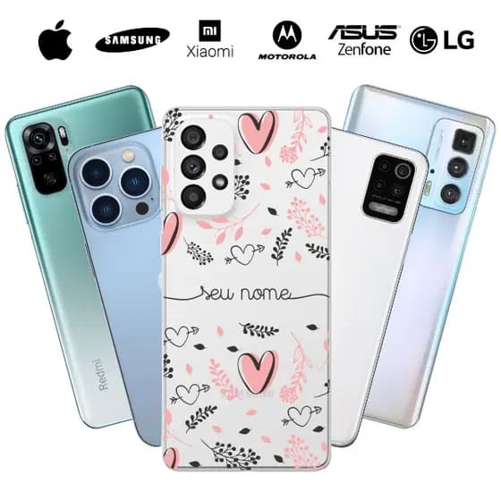 Capinha Capa Case Personalizada Coração rose e flores com nome - Disponível para Android e iPhone