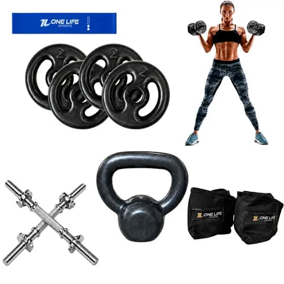 Kit one life sports | barras 40cm + 8kg de anilha + kettlebell 4kg + band leve | copa fit funcional