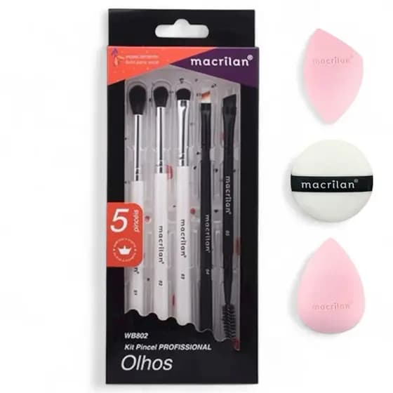 Kit Pincel Profissional Macrilan p/ Área dos Olhos + Kit Trio De Esponjas EP21