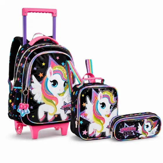 Kit Mochila De Rodinha Unicórnio Estojo e Lancheira Térmica