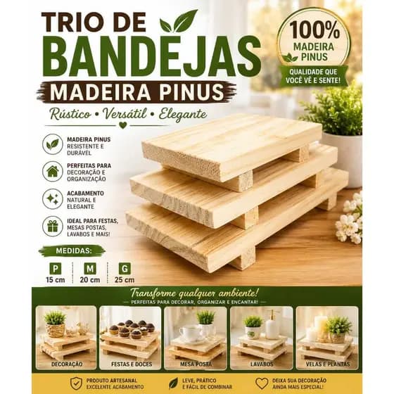 Kit 3 Bandejas Madeira Pinus Rústica para Doces Festas Decoração Aniversario Casamento Eventos