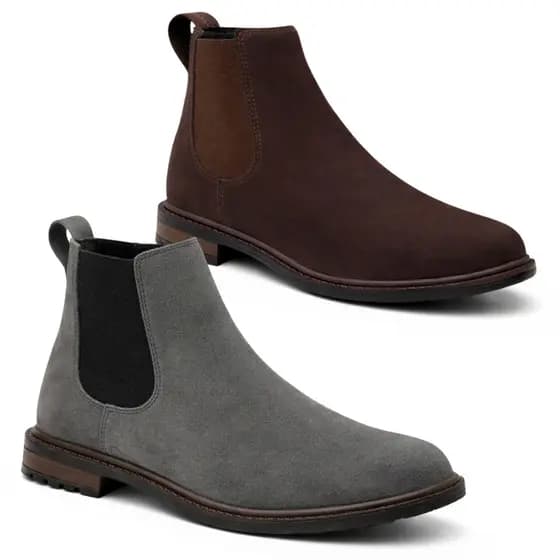 Kit 2 Botina Chelsea Masculina Cano Médio Couro Camurça Premium Salto Baixo 3cm