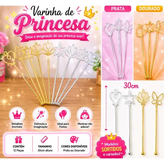 Kit 12/24 Varinhas Princesa Infantil 30cm Prata ou Dourada Fantasia
