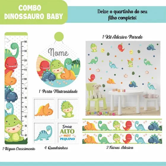 Adesivo de Parede + Faixas + Régua + Porta Maternidade + Quadros Dinossauro Baby