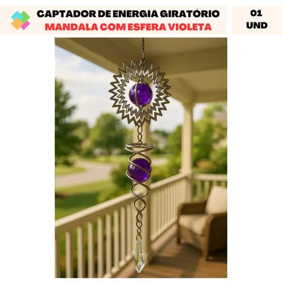 Captador De Energia Giratória Fengshui: Mandala com Esfera Violeta