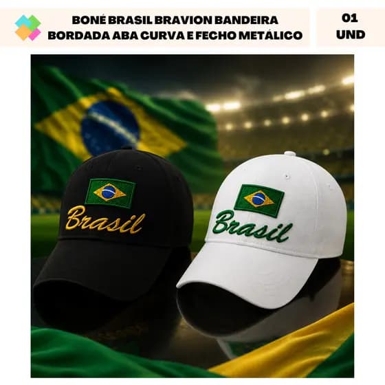 Boné Brasil Bravion Bandeira Bordada Aba Curva e Fecho Metálico Unissex (1 Und)