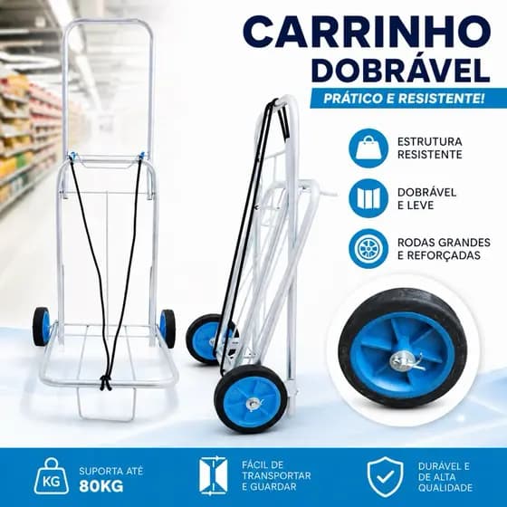 Carrinho de mão dobrável rodas emborrachadas 5" polegadas para cargas até 80kg Jumbinho Roda Azul