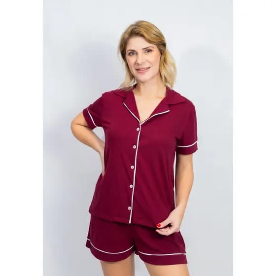 Pijama Feminino Curto modelo Americano Abertura com Botões Algodão Amamentação Maternidade-Bordô