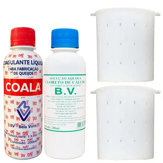 Kit Coalho Coagulante Coala 200ml + Cloreto de Cálcio BV + 2 Formas Queijo Minas Frescal 500g