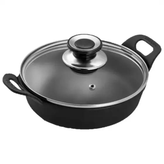 Travessa Em Ferro Fundido 1,7 Litros Com Tampa De Vidro Panela Mineira Redonda Estilo 22cm