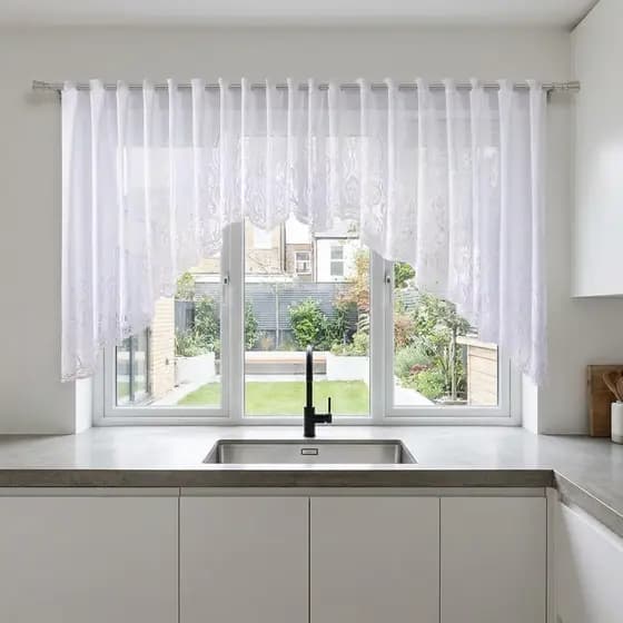 Cortina de Renda Cozinha Cascata Tulipa Floral 3,20m x 1,10m Branca Decorativa Sala Quarto Apartamento Luxo Moderna