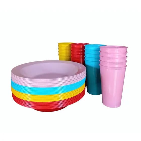 Kit Copos 300ml + Pratos Fundos Redondos de Plástico Festas, Merenda, Crianças