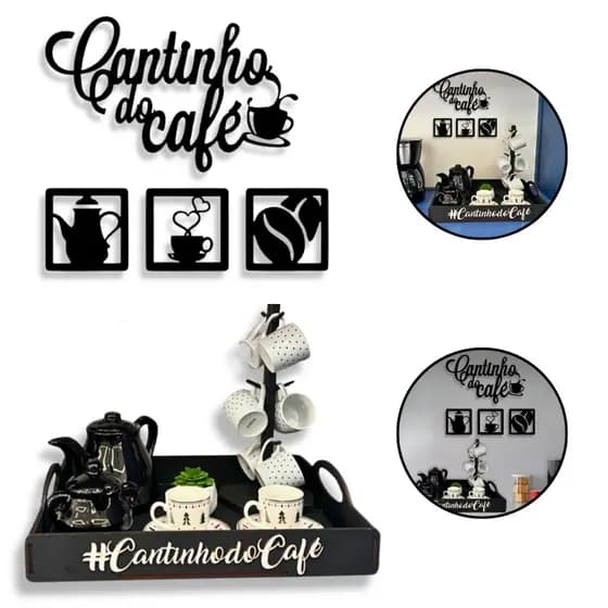 Kit Cantinho do Café Bandeja Grande + Placa Decorativa Em MDF Preta Diversos Ambientes
