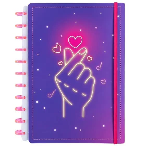Caderno Inteligente Finger Heart Disco Reposicionável Grande Capa Dura - Brilha no Escuro - Escola - Escritório