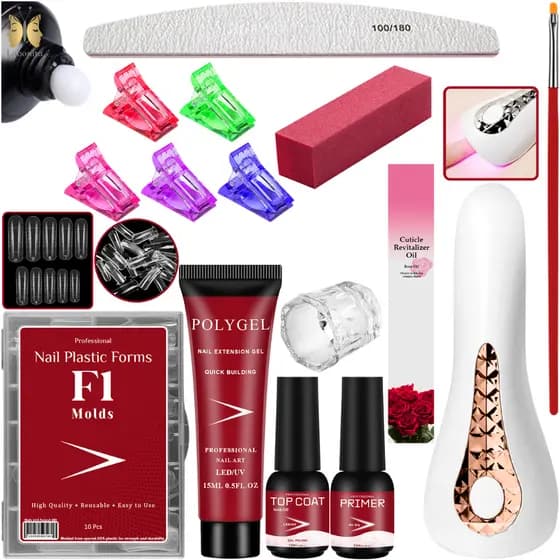 Kit Alongamento de Unhas Polygel Molde F1 Mini Cabine 18w Polygel 15ml Pincel Presilhas Lixas Copo Dappen Caneta Óleo