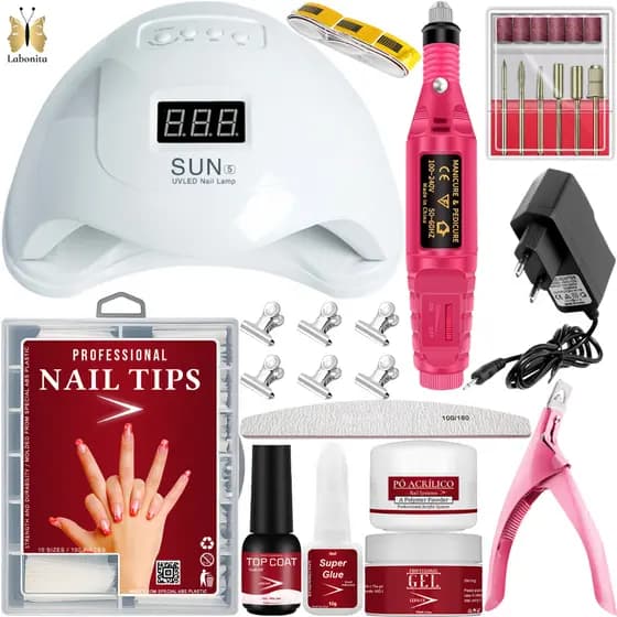 Kit Manicure Completo Cabine Lixadeira Tips Lixas Moldes Cola Top Coat Pó Acrílico Unhas Gel