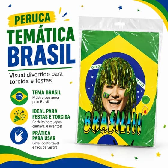 Peruca Metalizada Verde e Amarelo Copa do Mundo