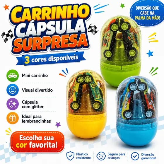 Carrinho Surpresa na Capsula - 3 Cores Disponíveis