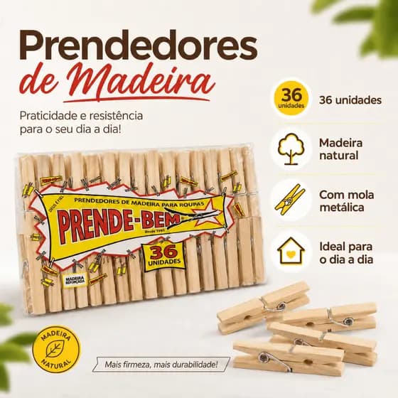 Prendedores De Roupa Em Madeira Pacote 36 Unidades