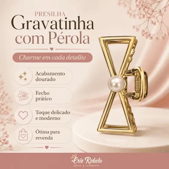Piranha Prendedor de Cabelo Dourado Gravatinha com Perola / Corrente
