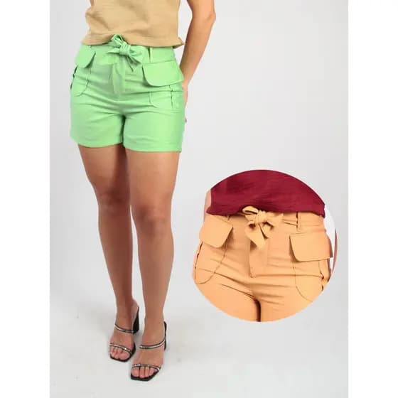 Short Feminino Bolso Militar Com Cinto Faixa Tendência Verão Fresco Cintura Alta