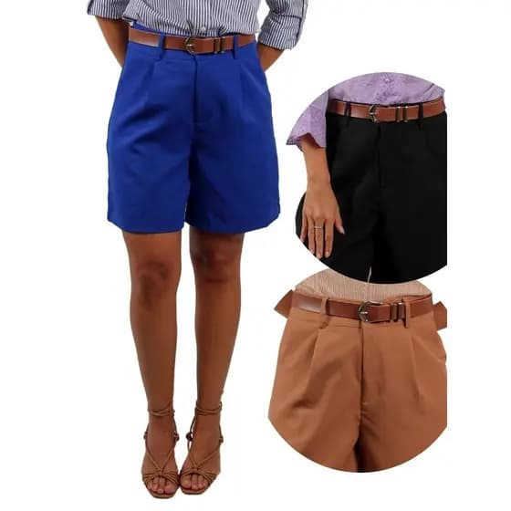 Short Feminino Estilo Longuete com Cinto Tendência Alfaiataria Cintura Alta