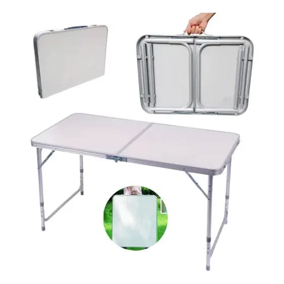 Mesa Prática Dupla Alumínio 120x60 e 80x60 Dobrável Vira Maleta Mor Camping e Evento