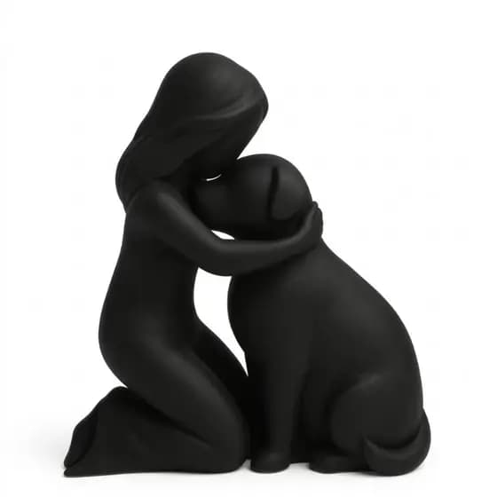 Escultura mulher ajoelhada beijando cachorro arte moderna minimalista escritório sala presente